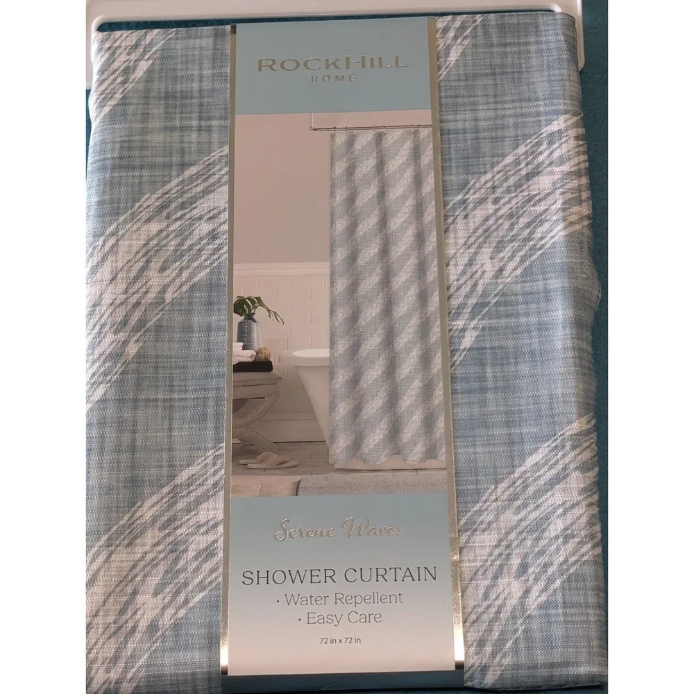 Rockhill Home Serene Waves Blue White Ocean Beach Fabric Shower Curtain 72x72